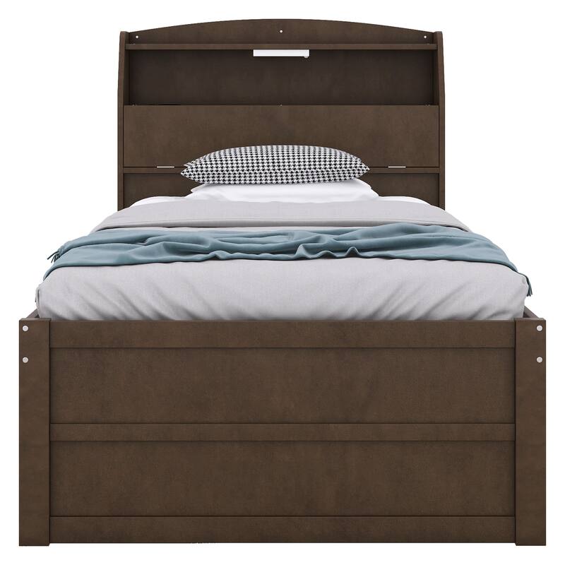 Wood Captain Bed Platform Bed with Trundle and 3 Drawers, Single Bed Frame with Storage Headboard and Integrated LED Light