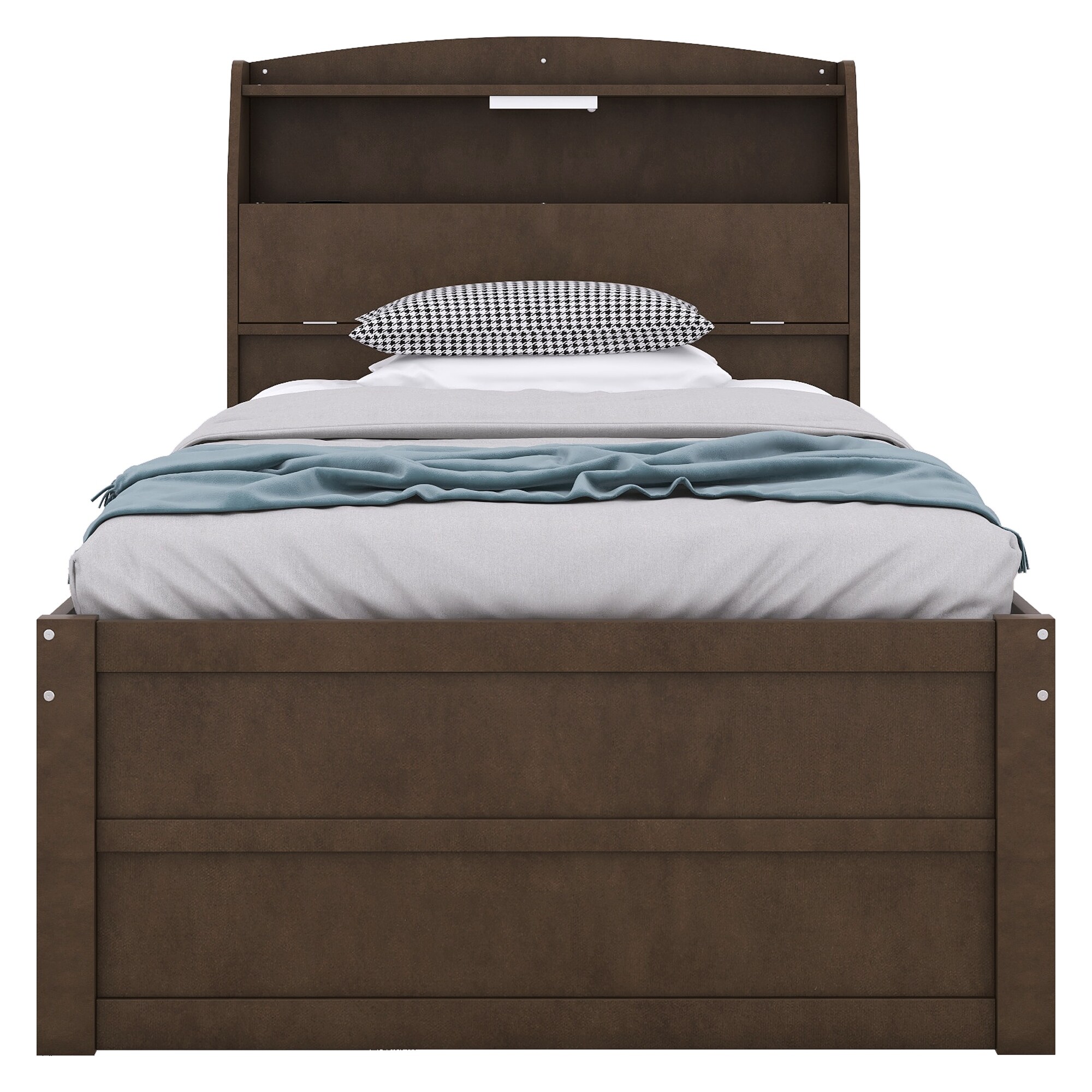 Wooden Bed with Flip-top Headboard Concealed Storage Built