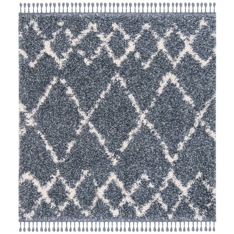 SAFAVIEH Pro Lux Shag Darcia Moroccan Tassel 2.4-inch Thick - 6'7" x 6'7" Square - Blue/Creme - Square/Runner