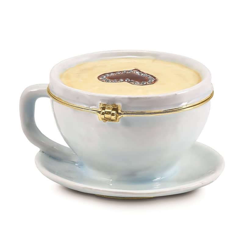 Curata Pewter Bejeweled Crystals Gold-Tone Enameled Caf\x1a Coffee Cup Trinket Box on 18 Inch Necklace
