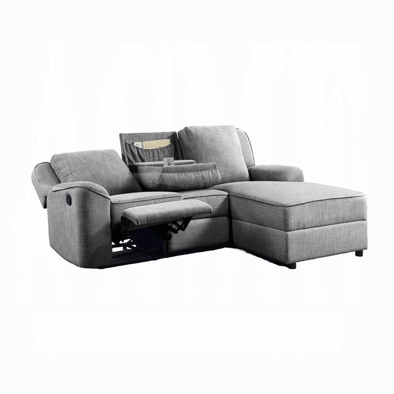 Diny Manual Recliner Sectional Sofa, Dropdown Center Table, Gray Linen