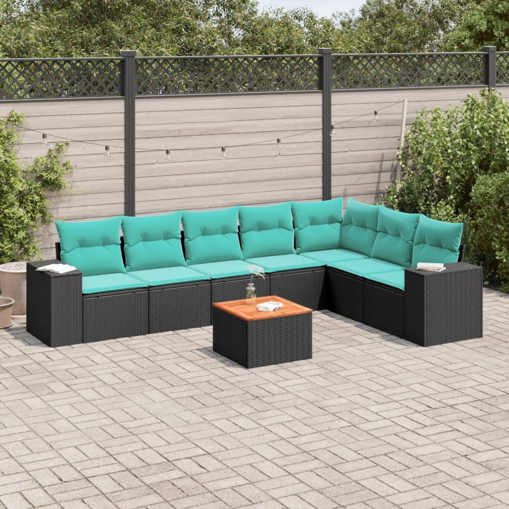 vidaXL 8 Piece Patio Sofa Set with Cushions Black Poly Rattan - 24.4 x 24.4 x 27.2