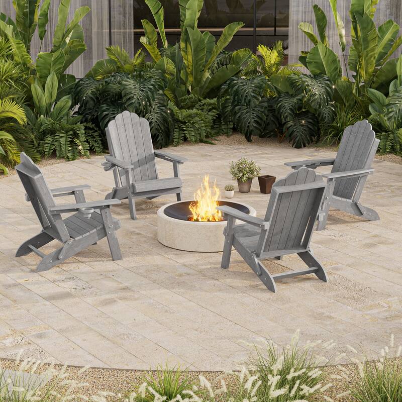 HDPE All-Weather Folding Adirondack Chair with Cup Holder - 4-Piece - LightGray