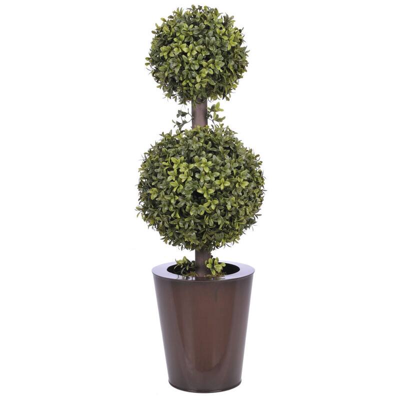 Faux 2ft Double Ball Topiary in Planter - Gloss Brown Round Zinc