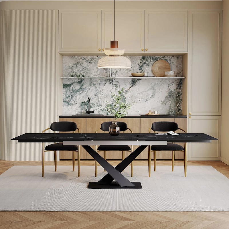 9 - Piece 94.48'' Modern Minimalist Extendable Sintered Stone Top Dining Set with 8 Fabric Chairs