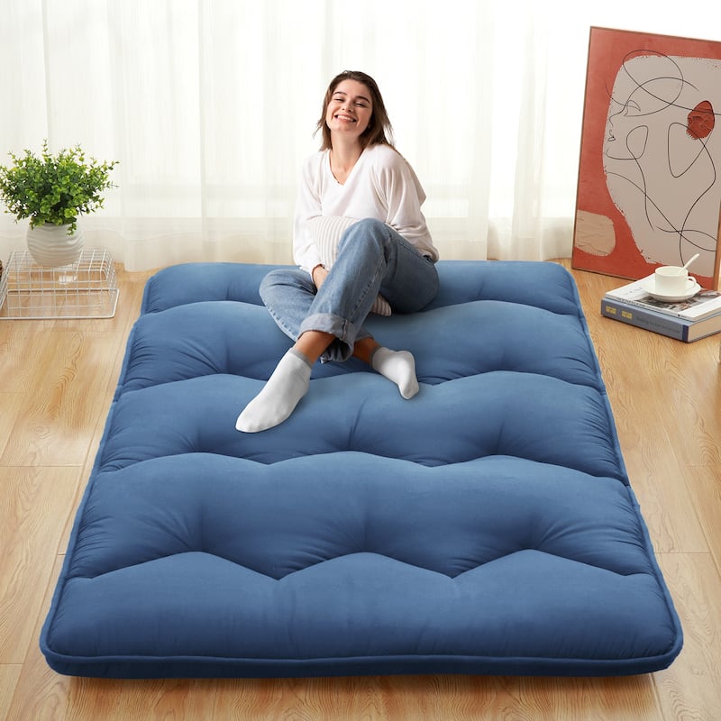 Japanese Futon Floor Mattress, Japanese Style Floor Mattress Sleeping Mattress Pad Tatami Mat - Line-Navy Blue - Queen