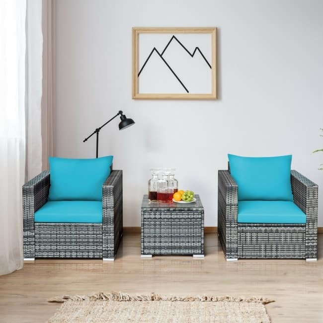 3 Pieces Patio Rattan Furniture Bistro Sofa Set with Cushioned - 28.5" (L) x 27.5" (W) x 27" (H)