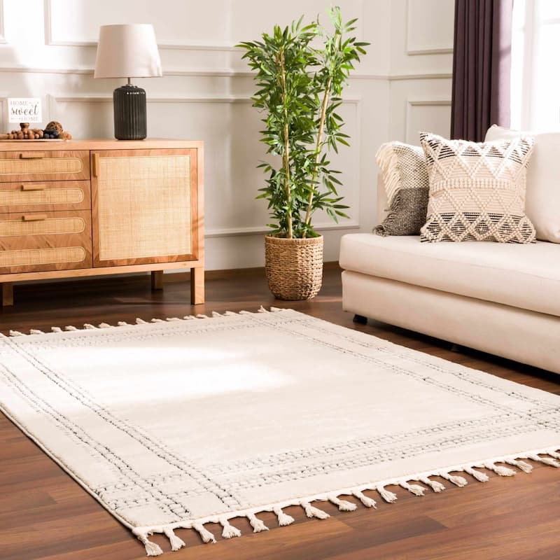 Hauteloom Azana Living Room, Bedroom Area Rug - Farmhouse - High Pile - Bone,Black - 5'3" x 7' - 5'3" x 7' - Bone, Black / Ryuu
