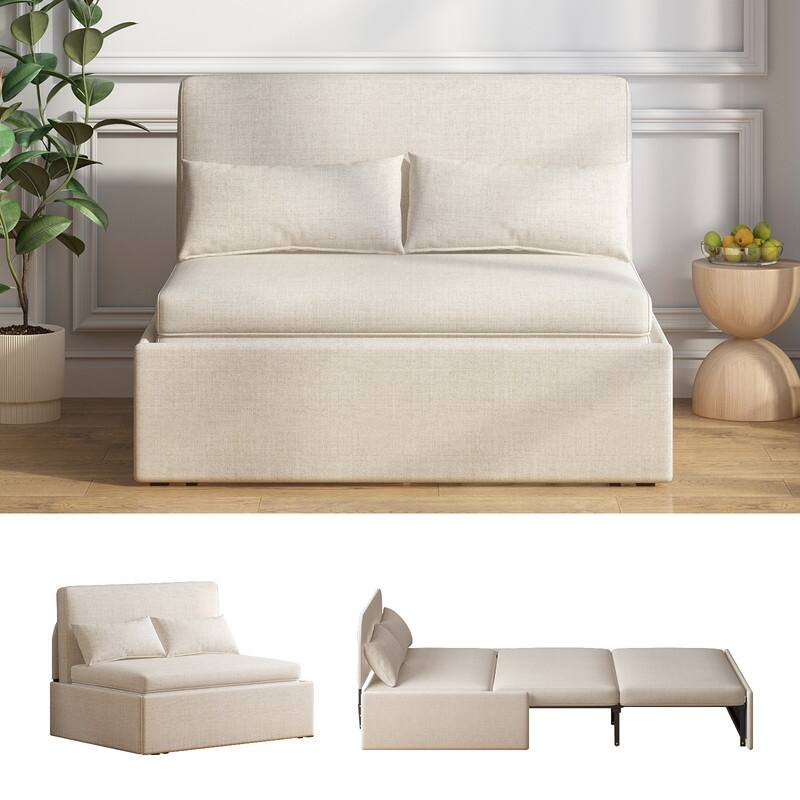 Mixoy Linen 2-in-1 Convertible Sofa Bed,Twin/Queen Pull Out Sleeper Sofa with Mattress,Cushions