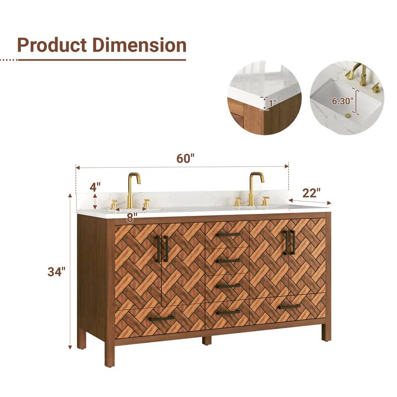 60" Freestanding Bathroom Vanity with Engineered Stone Top, Ceramic Double-Sink, Built-In Power Outlet, and Hair Dryer Storage