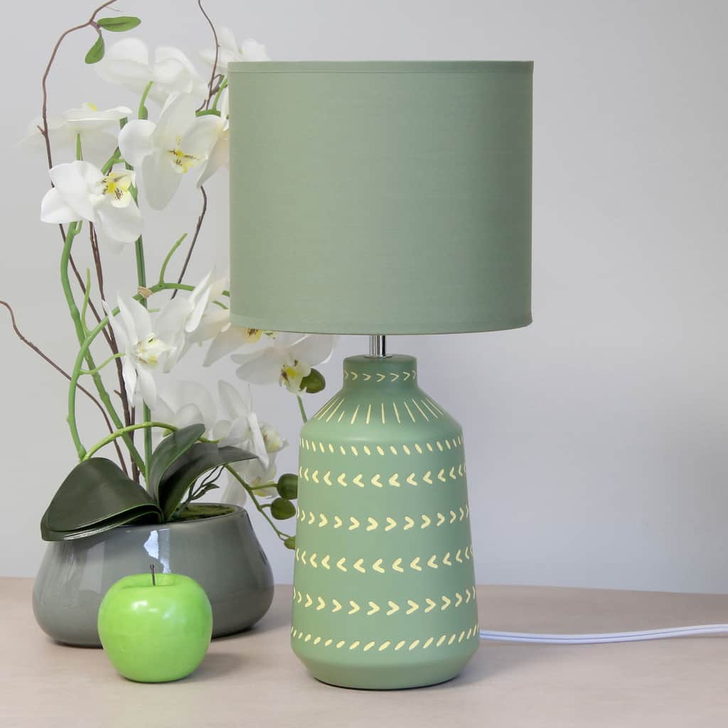 Tribal Style Hand Painted Ceramic Table Lamp with Drum Shade - 17" - Green