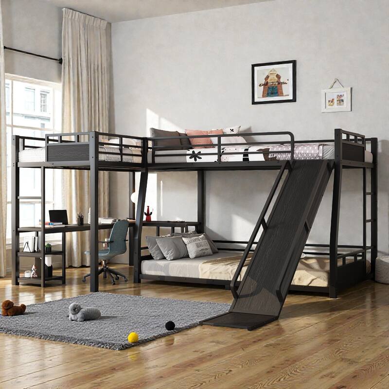 L-Shaped Metal Triple Bunk Bed with Slide, Full XL Over Queen and Twin XL Loft with Desk and Shelves