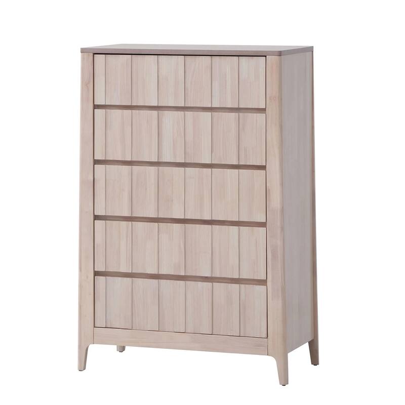 Vasu Tall Dresser Chest, 5 Storage Drawers, White Wash Solid Rubberwood