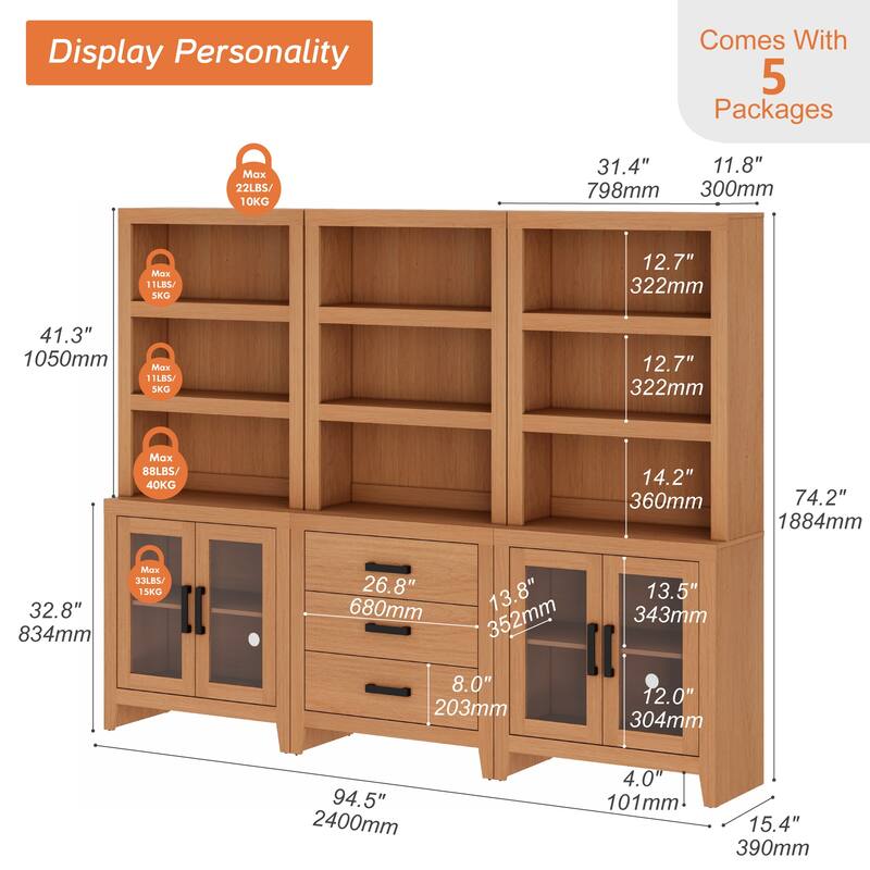 WAMPAT 74" Tall Bookshelf with Glass Doors and Drawers, Farmhouse Bookcase with Adjustable Shelves