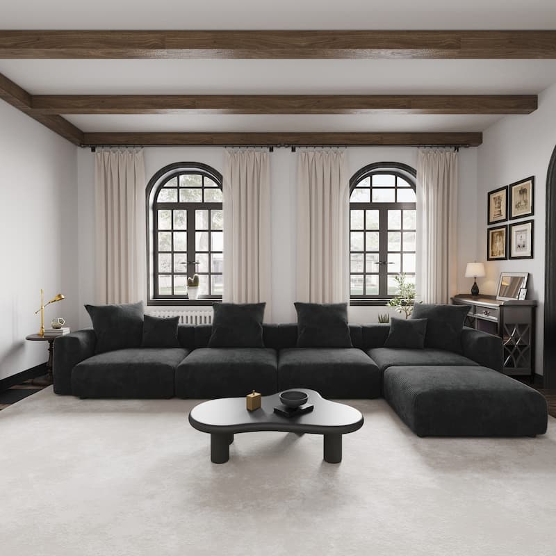 L-shape Corduroy 5-pieces Upholstered Sectional Sofa - Black