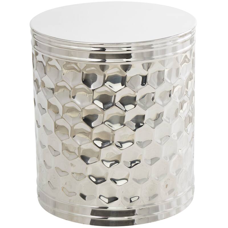 Stainless Steel Metal Geometric Drum Accent Table with Hexagon Patterned Exterior - Silver - Roche River Decor