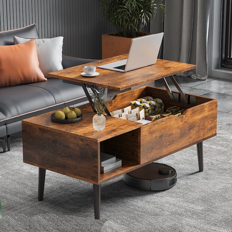 Coffee Table, Wood Lift Top Coffee Table with Storage Shelf, Lift Tabletop Dining Table for Home Living Room, Office - Brown
