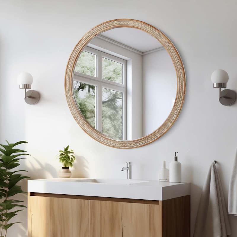 Round Decorative Wall Mirror with Woven Rattan-Textured Frame (23.62"), Rustic Modern Accent Mirror for Bathroom/Living Room