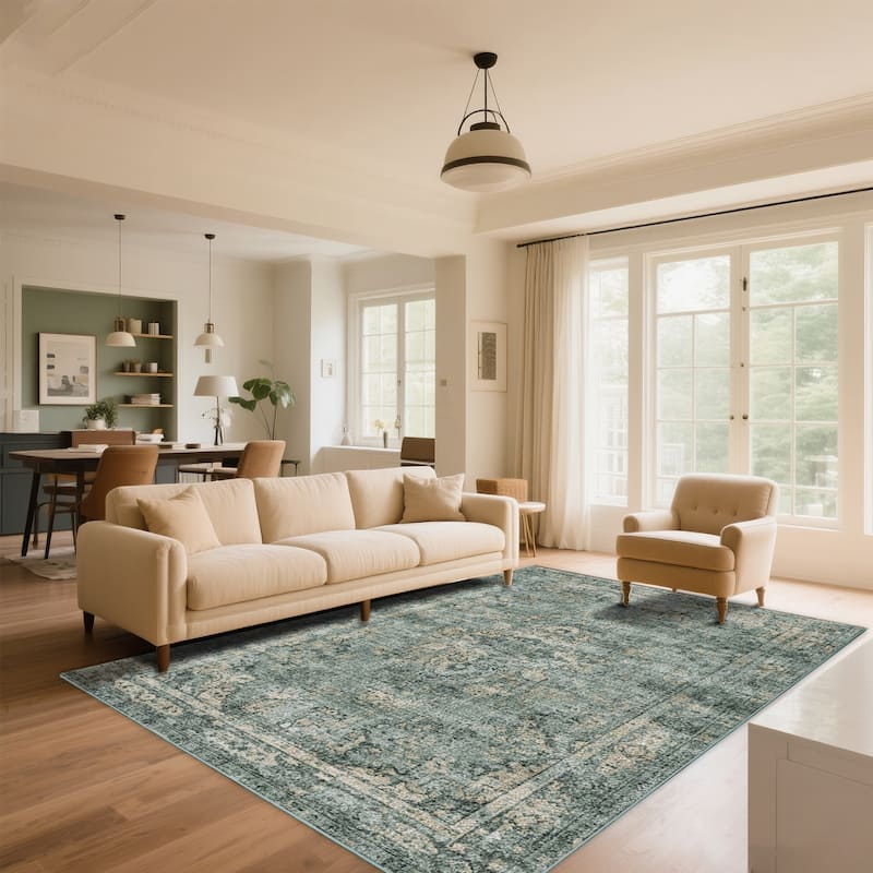 7FT x 5FT Vintage Bohemia Cotton Area Rug with Non-Slip TPR Backing for Indoor Living Room and Entryway - 6' x 7'