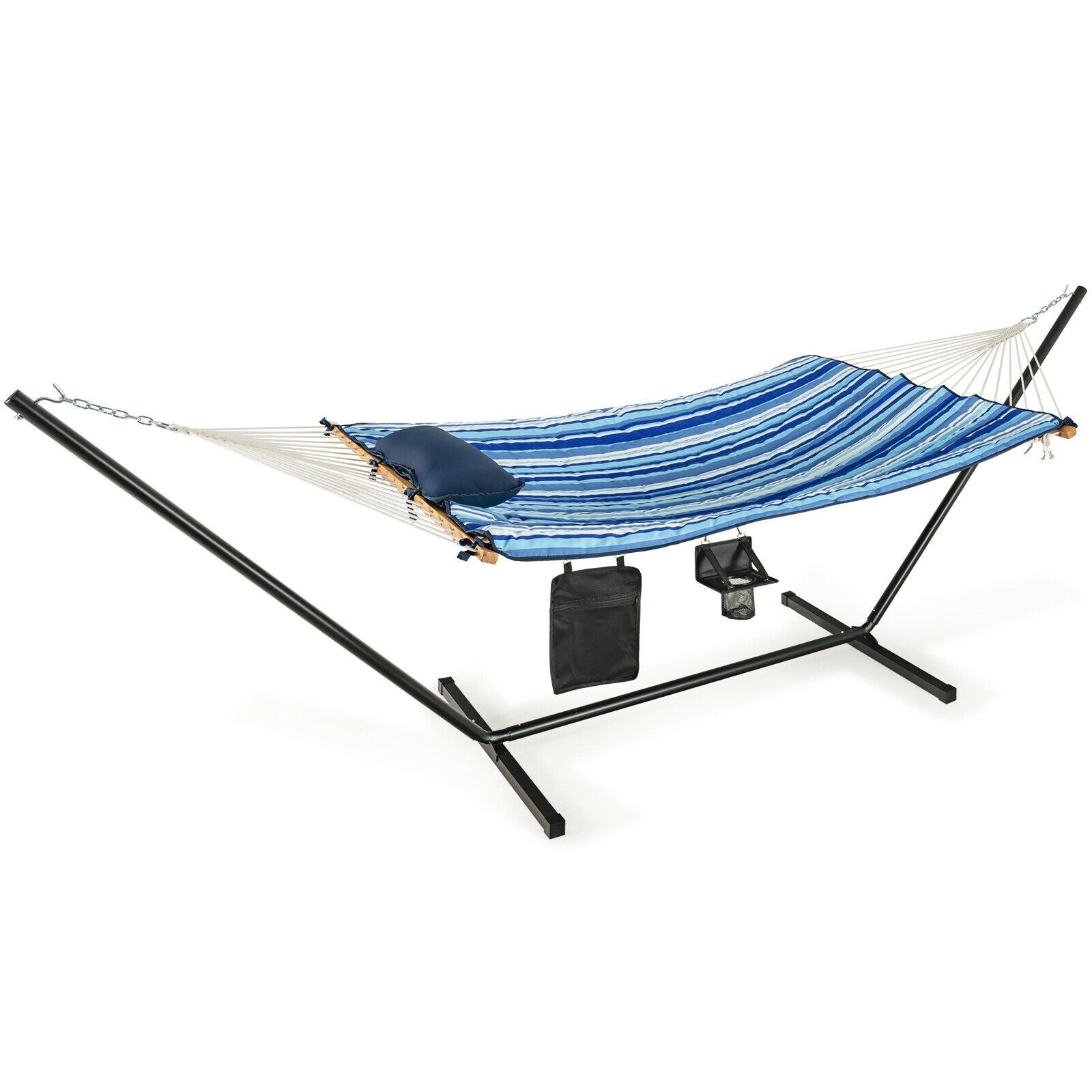 Hammock Chair Stand Set Cotton Swing with Pillow Cup Holder Indoor Outdoor - 140 inch x36.5 inch x 48 inch (L x W x H)