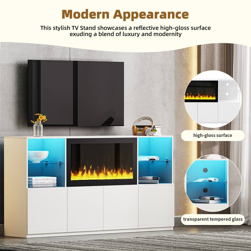Modern High Gloss TV Stand with 34.2" Non-heating Electric Fireplace, LED Lighting for TVs up to 75"
