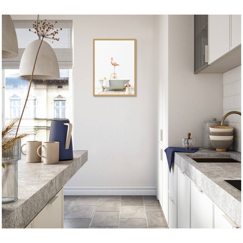 Kate and Laurel Sylvie Flamingo in Cottage Gray Bathtub Framed Canvas by Amy Peterson