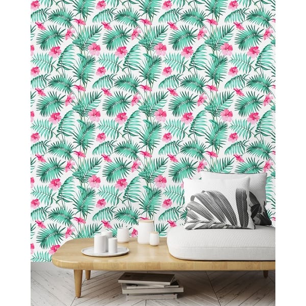 Tropical Leaves with Flowers Peel and Stick Wallpaper - Overstock ...