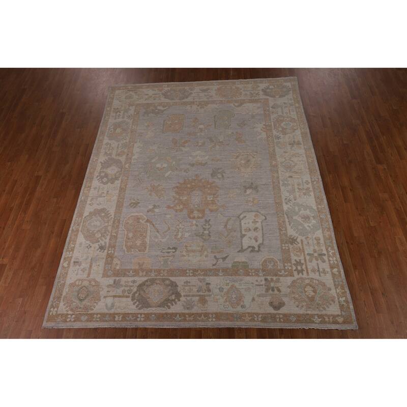 Vegetable Dye Oushak Turkish Rug Handmade Grey Wool Carpet - 8'0"x 9'11"