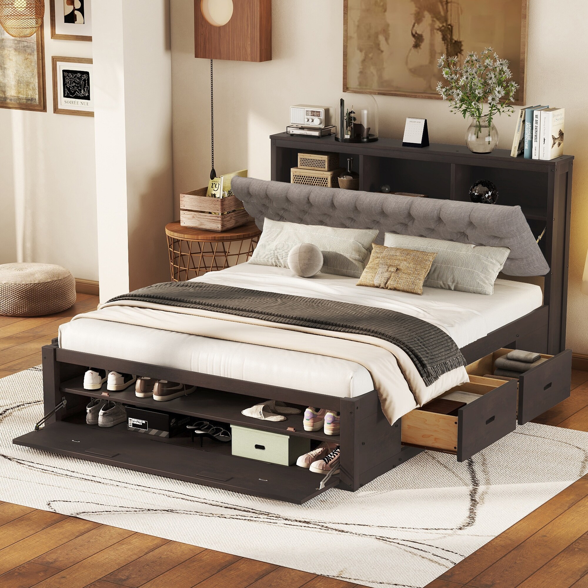 Wood Queen Size Platform Bed with Flip top Tufted Storage Headboard 2 Tier Built in Shoe Rack and 4 Side Drawers Espresso Bed Bath Beyond 42132412