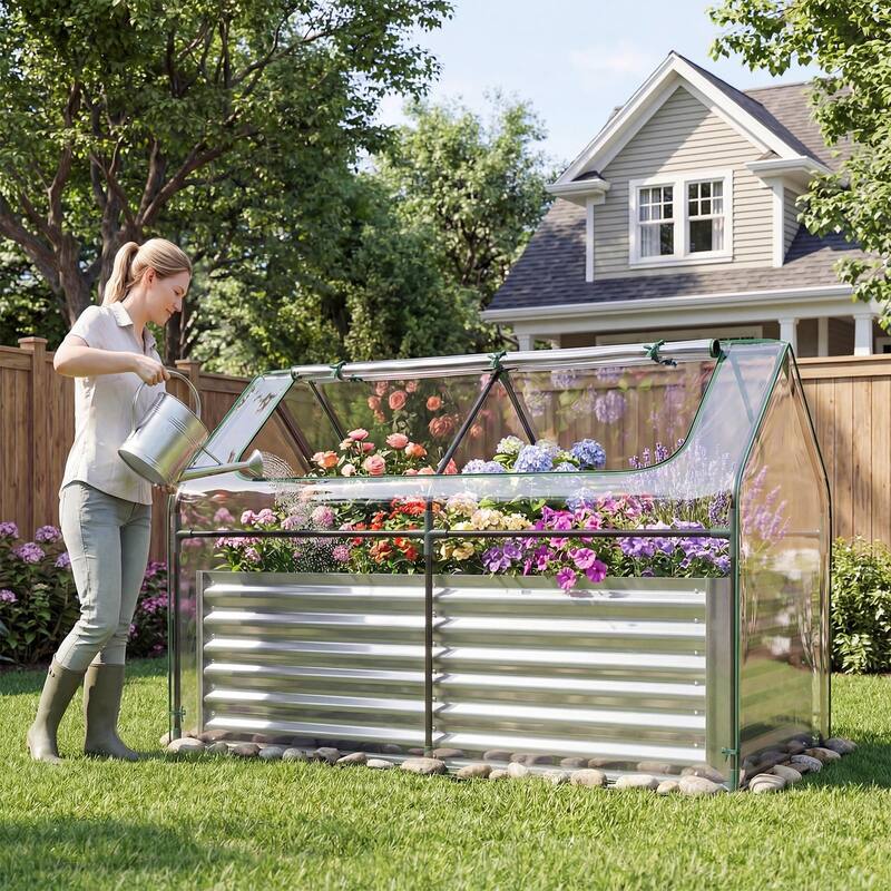 Gymax Raised Garden Bed w/ Cover 68'' x 33'' x 21'' Planter Box w/