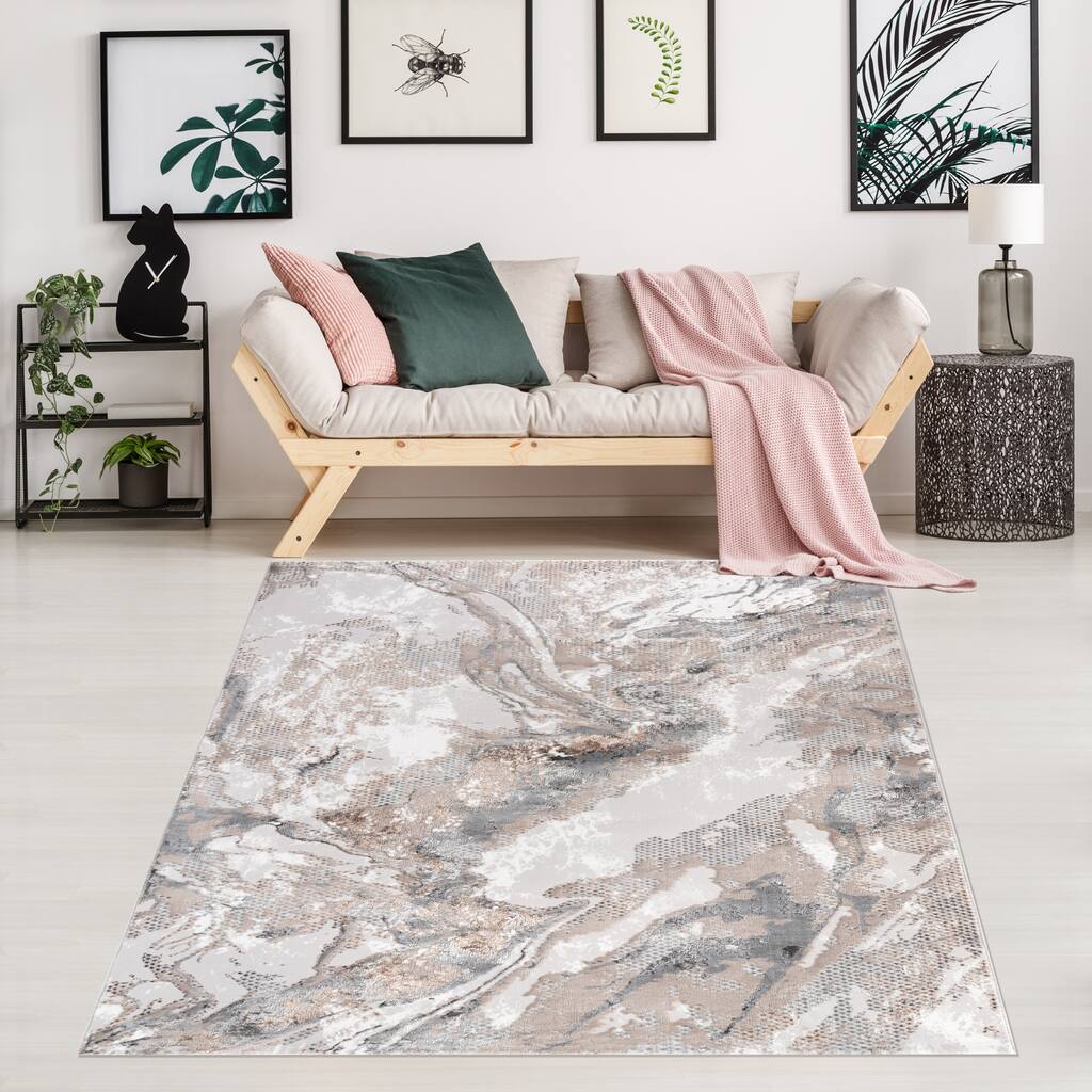 Elite Collection Beige/Grey Abstract Marble Area Rug