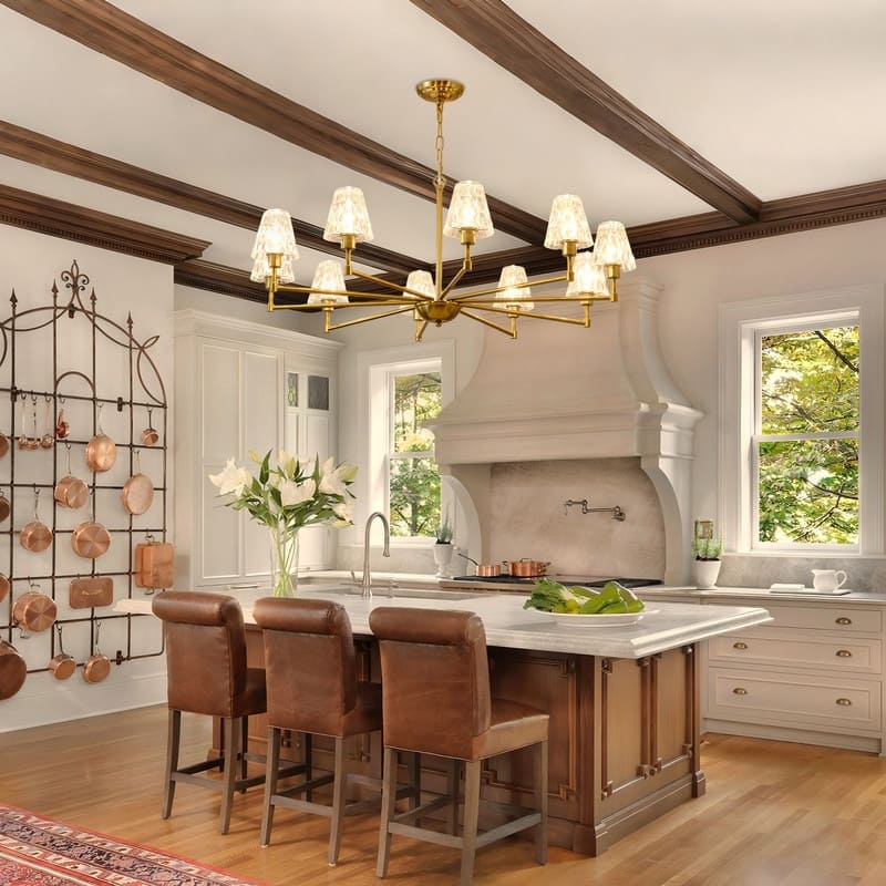 Adjustable Brass Chandelier Modern Mid-Century Pendant Light with Glass Shades for Dining Room Kitchen Island