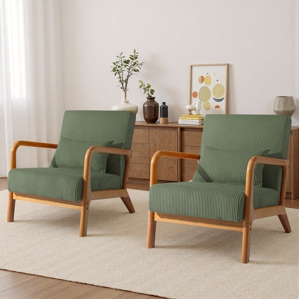 slide 2 of 143, 25" W Mid Century Upholstered Wood Accent Chair with Pillow set of 2 Dark Wood - Grey Green