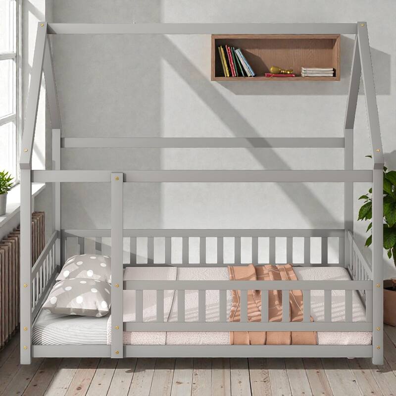 Full Size House Floor Bed with Wooden Roof Frame and Fence Guardrails, Solid Wood Kids Floor Bed