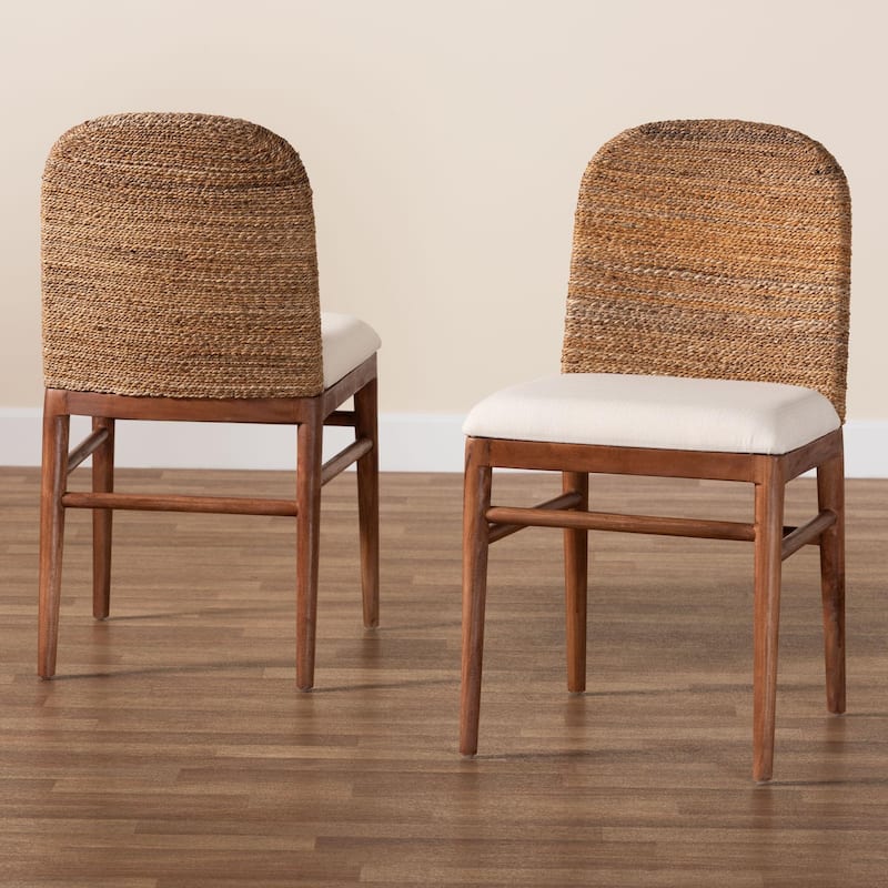 Nadim Modern Bohemian Natural Seagrass and Acacia Wood 2-Piece Dining Chair Set