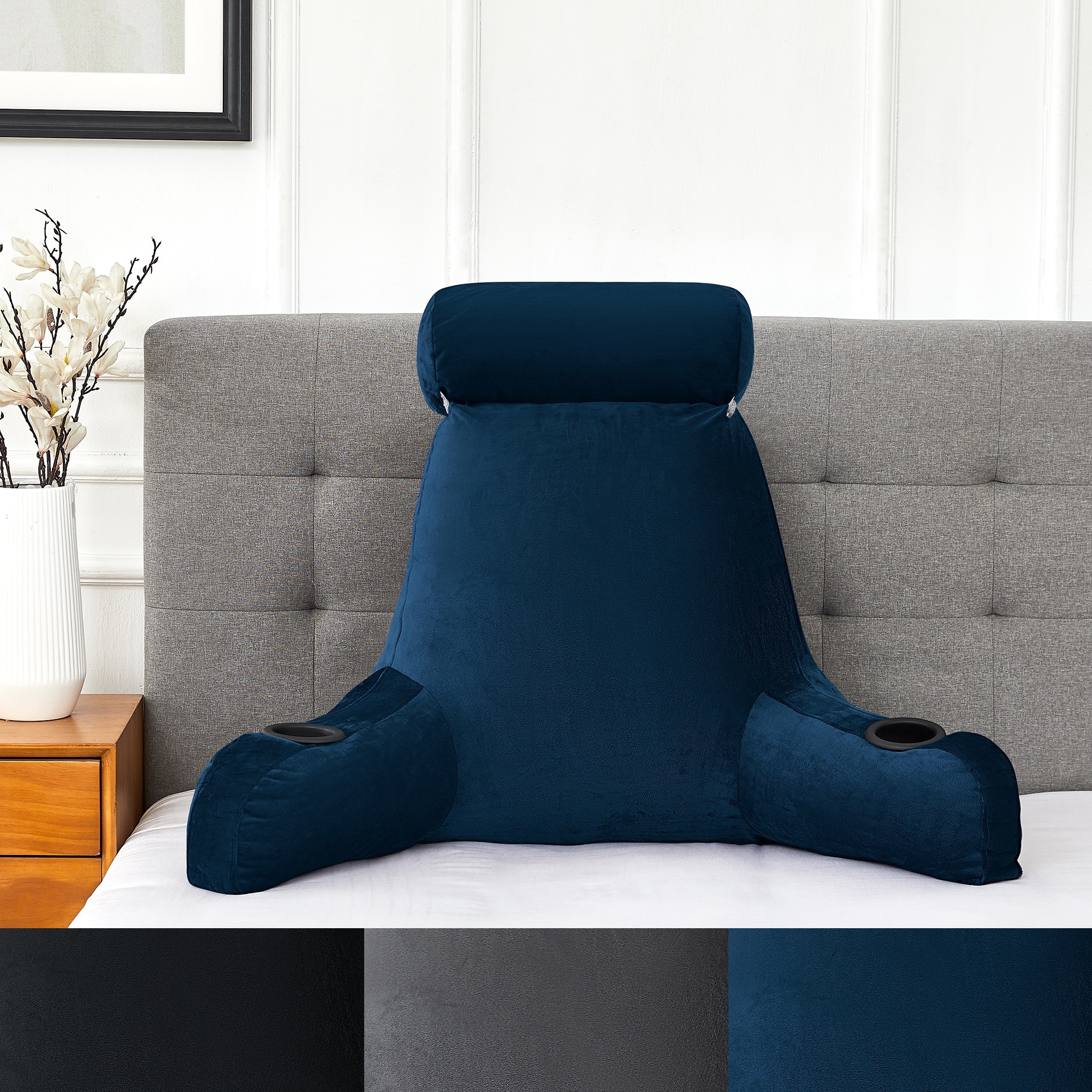Bed rest pillow with cup holder clearance
