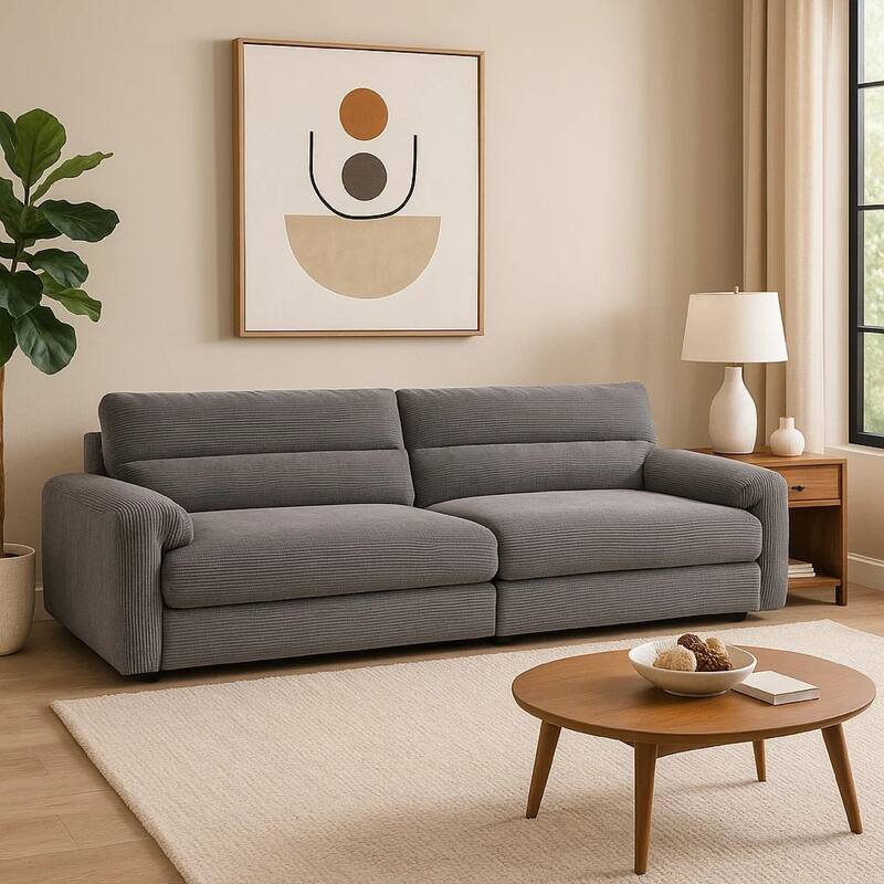 Enzo Sofa, Rolled Cushioned Armrests, Modern Gray Corduroy Upholstery