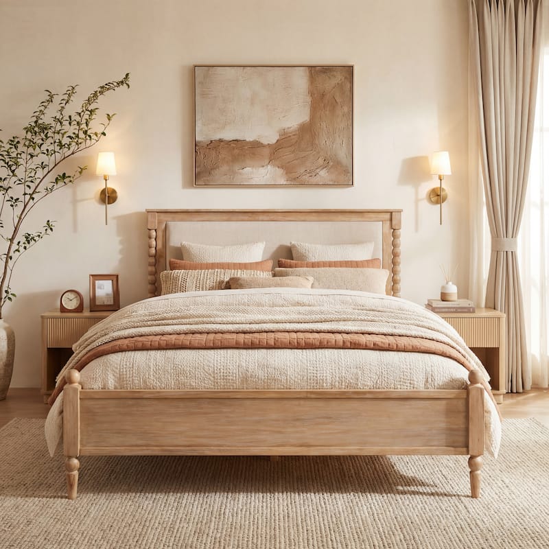 Christopher Knight Home - Traditional Wooden Platform Bed with Upholstered Headboard and Spindle Accent Design