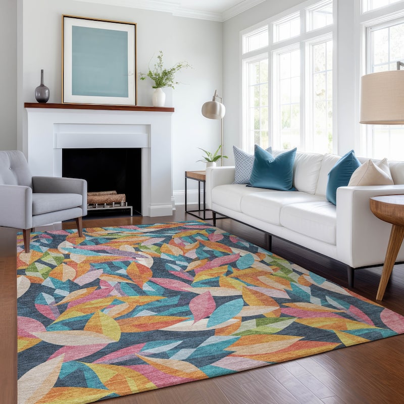 Machine Washable Indoor/ Outdoor Modern Floral Chantille Rug