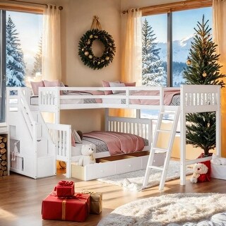 Twin over Full L-Shaped Bunk Bed With 3 Drawers, Ladder and Staircase, White