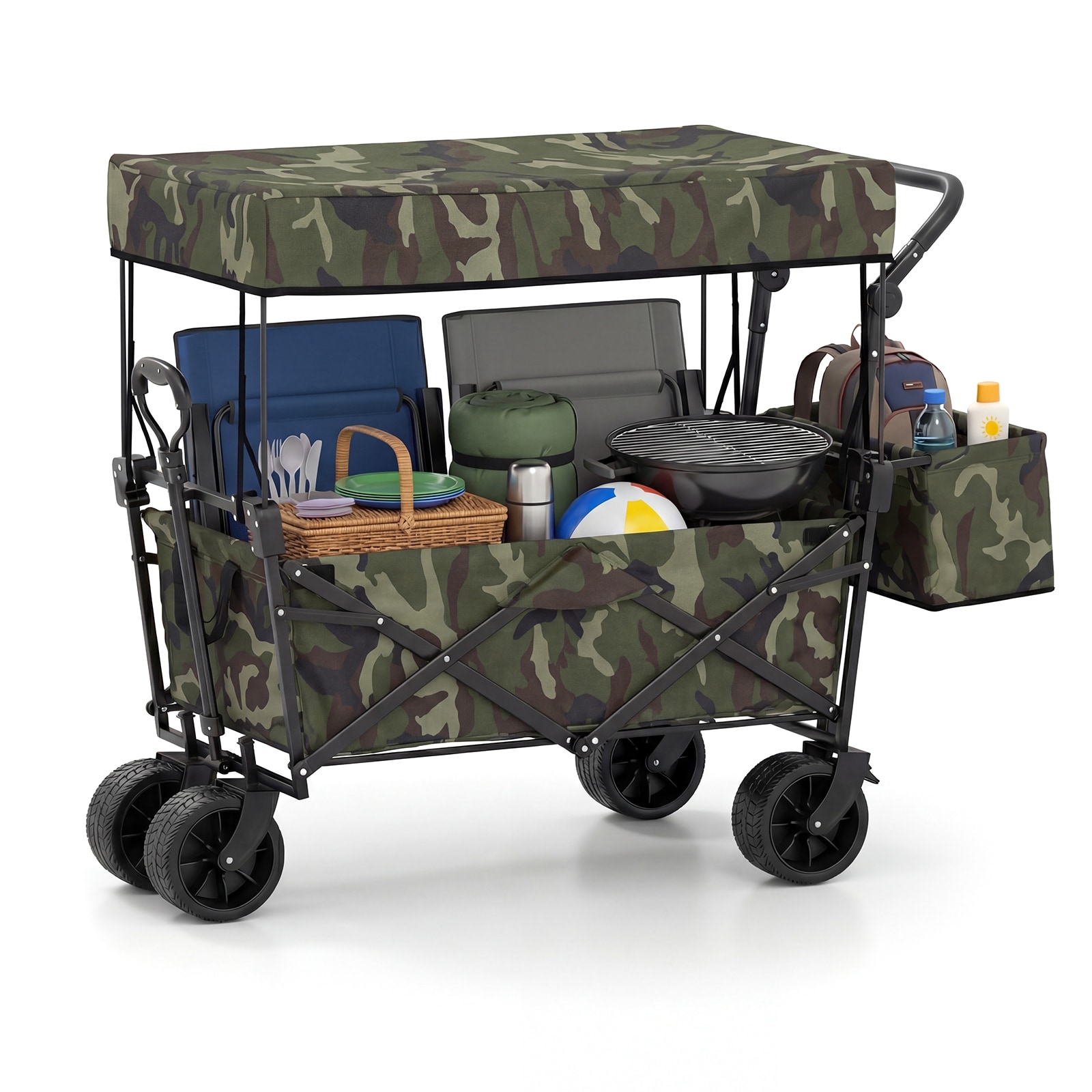 Gymax Collapsible Wagon w/ Removable Canopy Folding Garden CartOutdoor