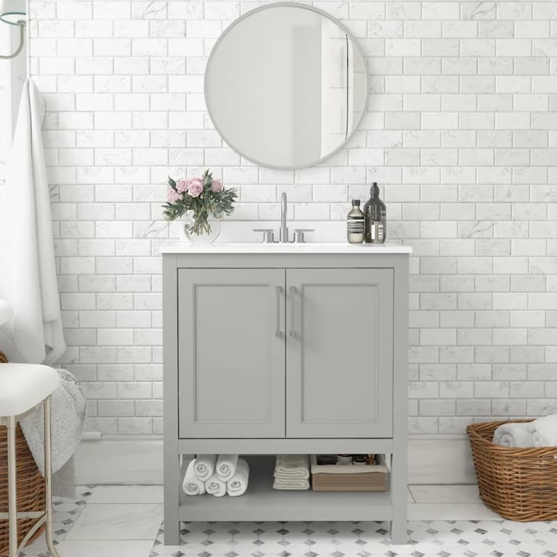 Bathroom Vanity with Undermount Sink and Open Storage Shelf - 30 Inch - Gray