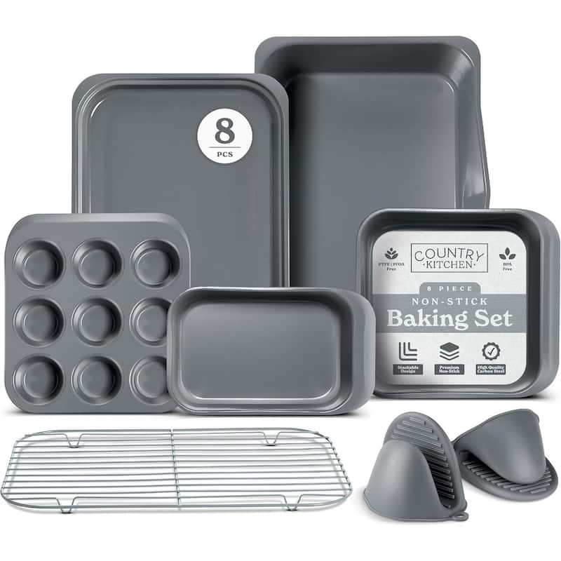 Country Kitchen 8-Piece Bakeware Set, Nonstick Baking Pans & Nesting Baking Sheets, Durable Steel, Grey - Grey - overstock.com/bedbathandbeyond.com