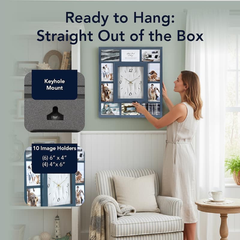 American Art Decor Picture Frame Collage Wall Clock 12 Photo Display Slots