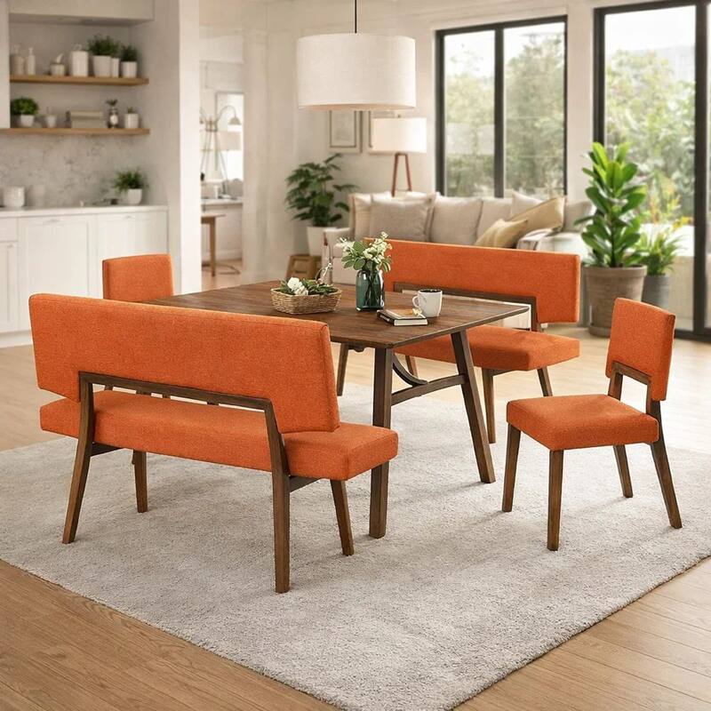 Yumi 5 Piece Dining Table Set, Chairs, Benches, Orange Fabric, Wood Brown