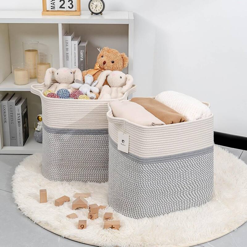 Storage Baskets for Clothes Fabric Cotton Rope Storage Basket with Handles - 14"L x 11"W x 14"H