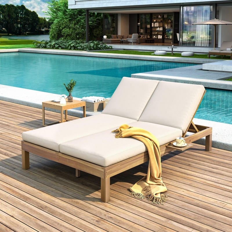 Acacia Wood Double Outdoor Chaise Lounge with 5-Position Adjustable Backrest