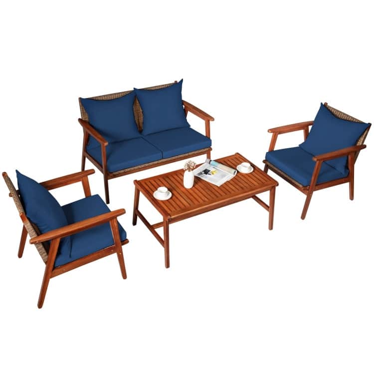 4 Piece Acacia Wood Patio Rattan Furniture Set with Cushions - 45" x 27.5"x 29.5" (L x W x H)