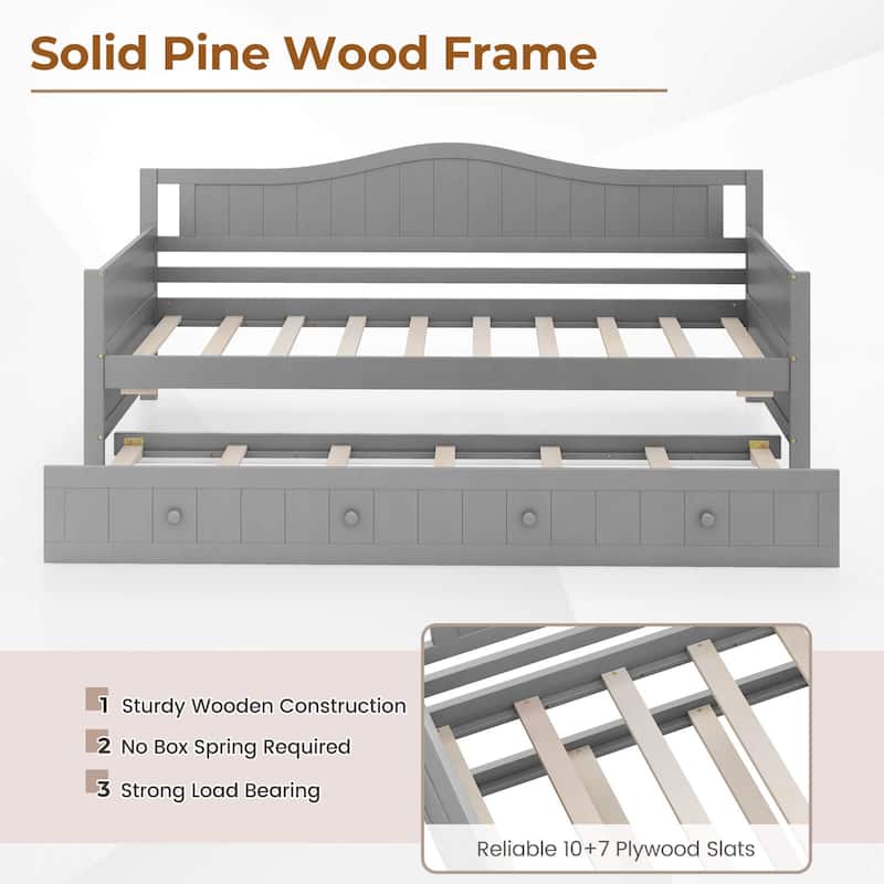 Costway Twin Size Daybed with Trundle Solid Wood Sofa Bed with Slats