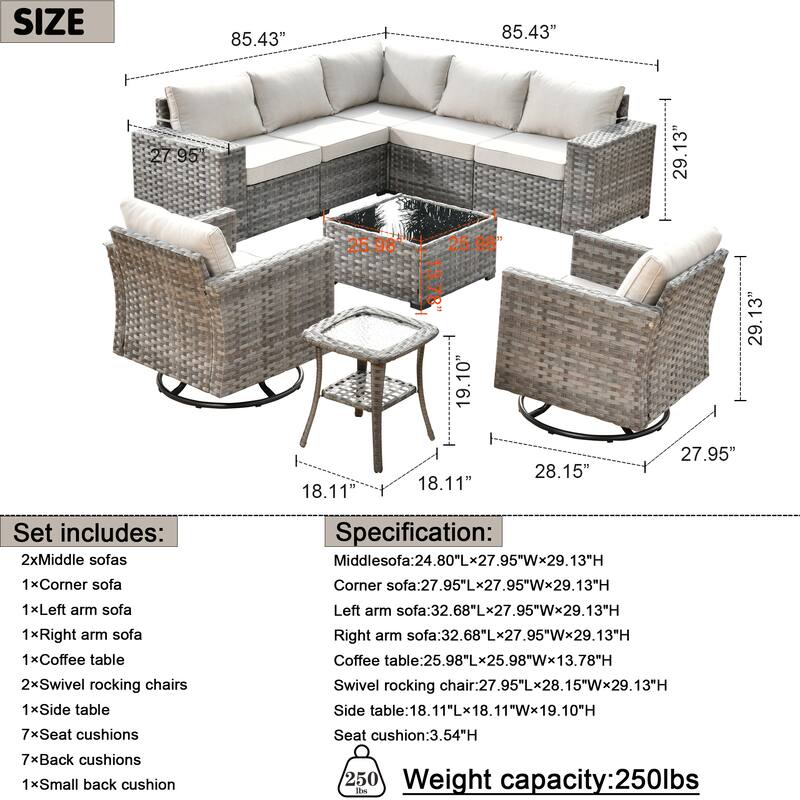 OVIOS 9-piece Patio Wicker Swivel Rocking Chair Set with Glass-Top Tables